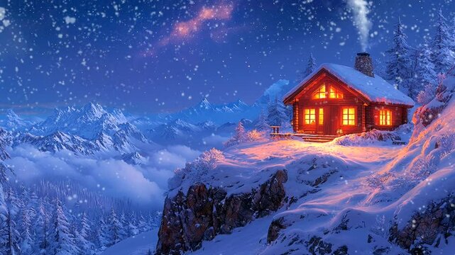 Snowy cabin perched on a mountain cliff under a starry night sky. Seamless looping 4K video background
