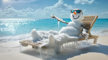Winter Christmas travel. Snowman lounging on a sunny beach, with sunglasses and icicles, humorously merging winter and summer in playful holiday getaway ocean concept. Image made using Generative AI. © Maridav