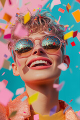 Fototapeta premium portrait of a smiling non binary queer androgynous model wearing round sunglasses, with short hair covered in multicolored paper confetti blowing around, pink background 