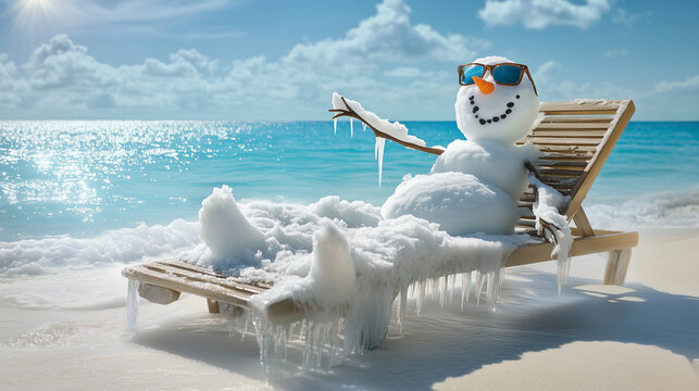 Winter Christmas travel. Snowman lounging on a sunny beach, with sunglasses and icicles, humorously merging winter and summer in playful holiday getaway ocean concept. Image made using Generative AI.