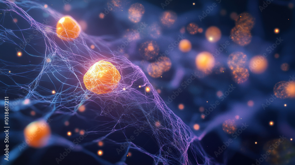 Poster highly detailed microscopic view of glowing orange cells interconnected by fine filaments, creating 