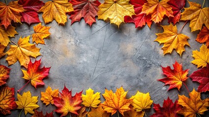 Obraz premium Autumn leaves frame Maple leaves in yellow orange and red color on a grey background