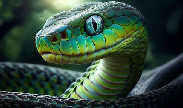 The green snake ​shing has sparkling eyes.
