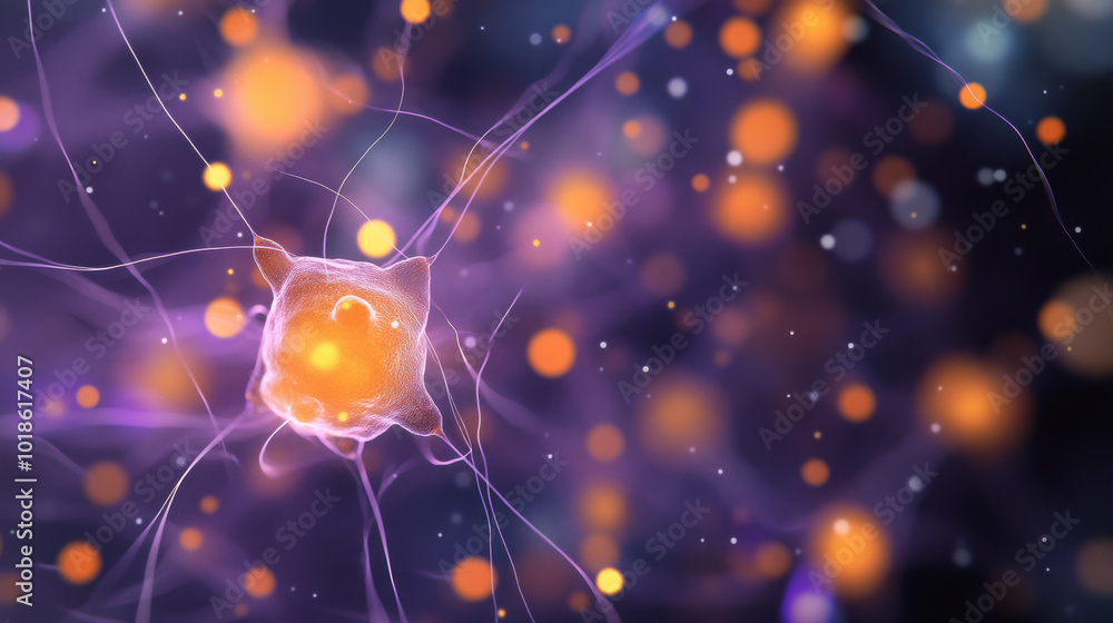 Poster magnified depiction of biological cells showcasing intricate structures and vibrant colors, illustra