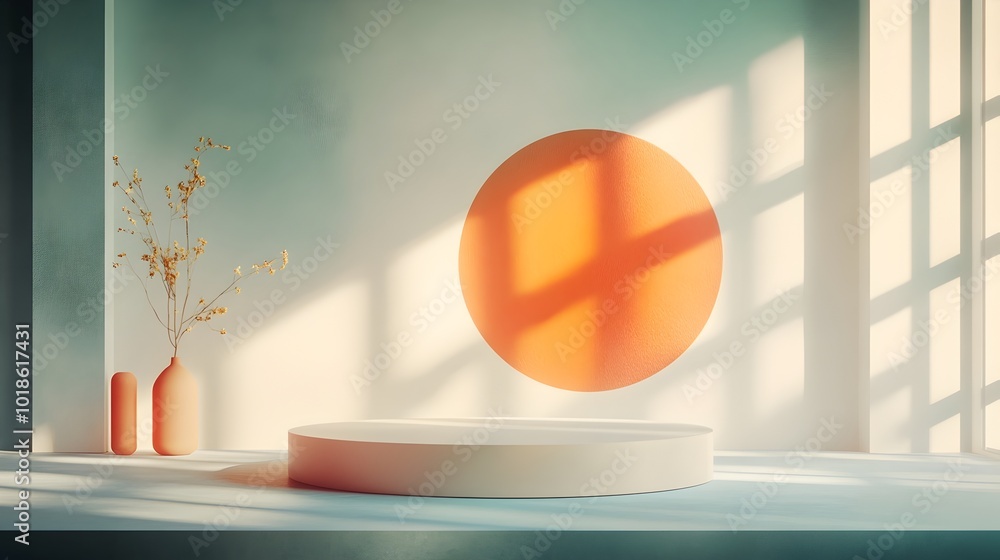 Aufkleber prismatic 3d studio setup with a transparent pedestal and gradient lighting effect from the window c