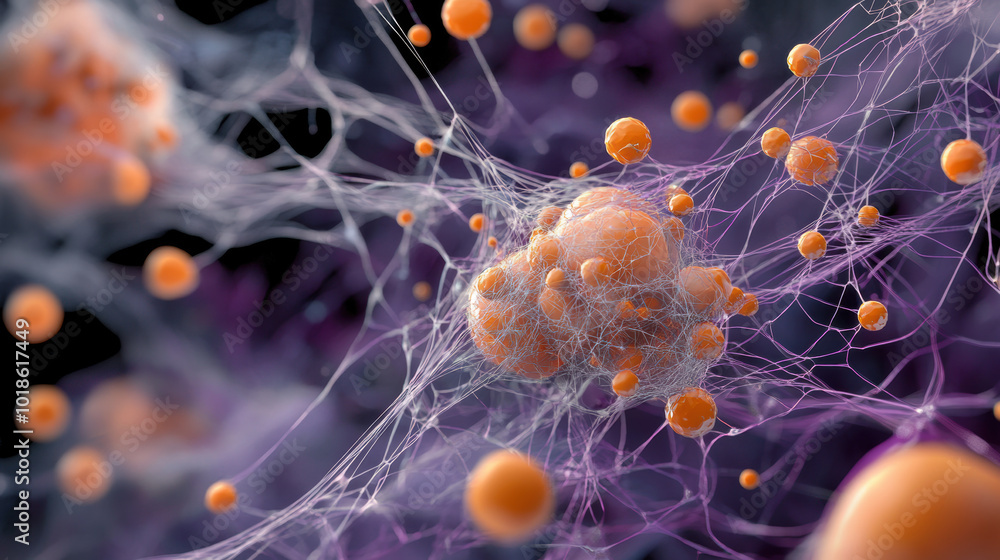 Poster Magnified depiction of biological cells showcasing intricate networks and vibrant orange spheres. This captures complexity and beauty of cellular structures in stunning visual representation