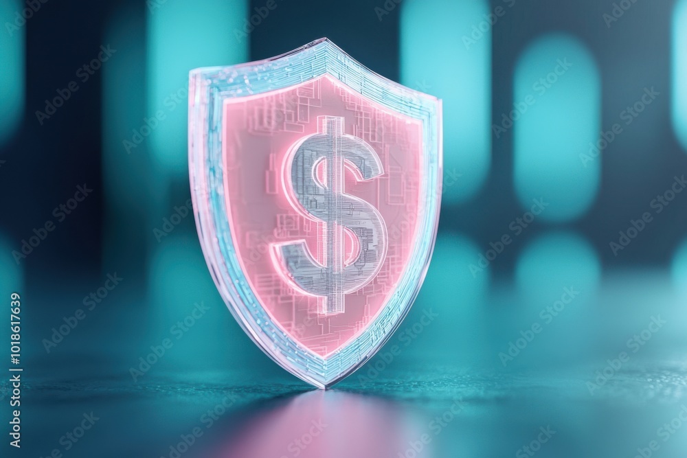 Poster digital security shield with dollar symbol on a soft-focus background.