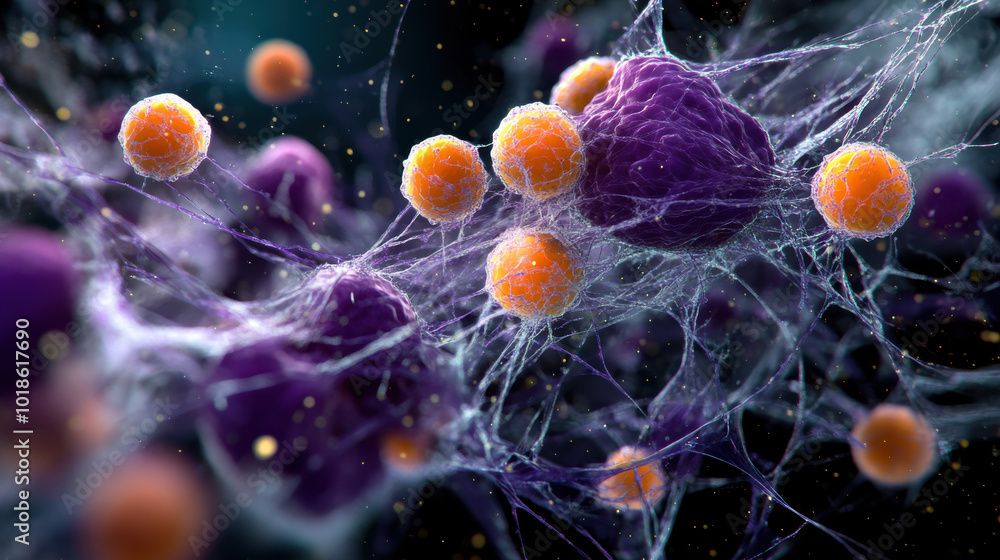 Poster magnified image of cellular structures showcasing vibrant purple and orange cells interconnected by 