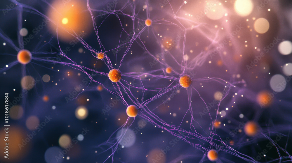 Poster magnified image of cellular structures showcasing intricate networks of neurons with vibrant orange 