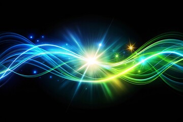 Obraz premium Green speed line wavy shape on dark background. High speed green waves for eco-design. Laser beams luminous abstract sparkling