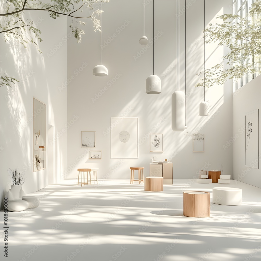 Poster expansive 3d studio space with clean minimalist architecture featuring seamless white surfaces and c