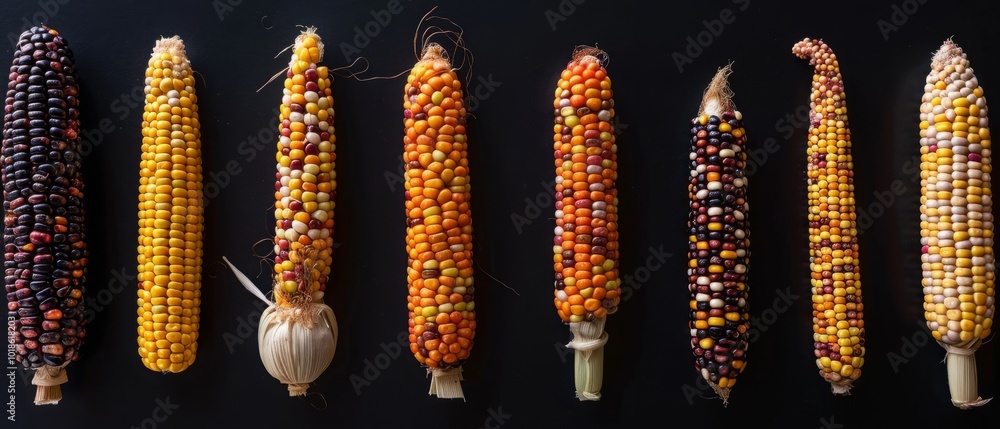 Poster a row of colorful corn ears arranged against a black backdrop. the corn cobs are arranged in a row w