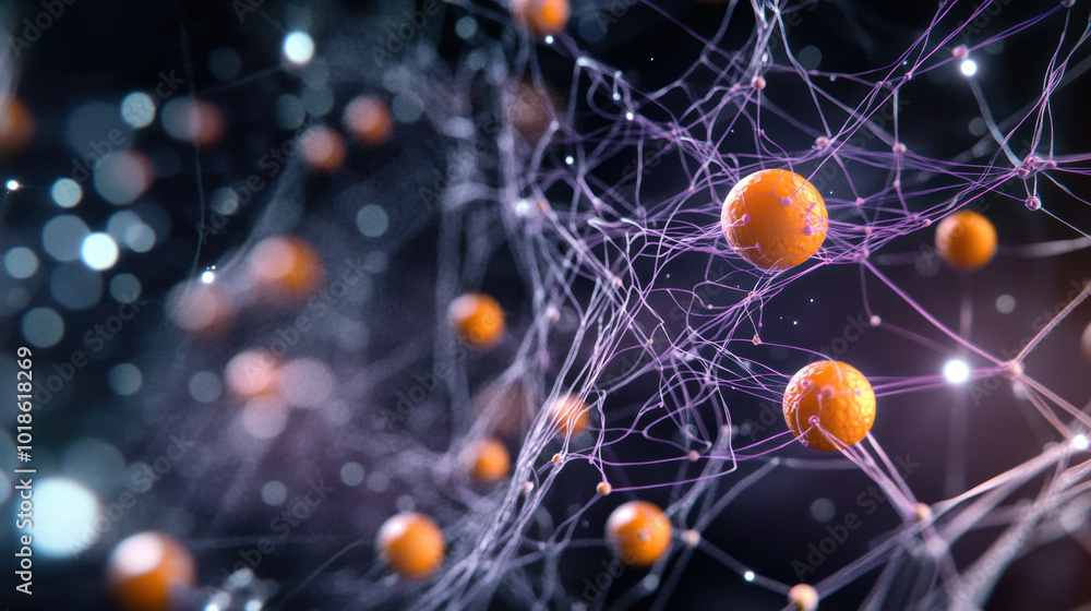 Poster magnified view of biological environment showcasing interconnected structures and vibrant orange sph