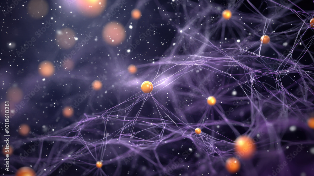 Poster magnified view of biological network showcasing glowing nodes interconnected by delicate strands. th