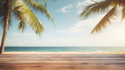 Wooden table top with blurred background of beach and palm trees at sunset. summer vacation concep
