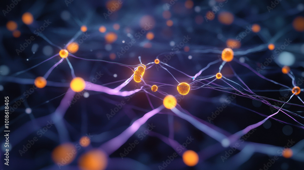 Poster magnified view of biological network showcasing interconnected nodes and glowing elements, illustrat
