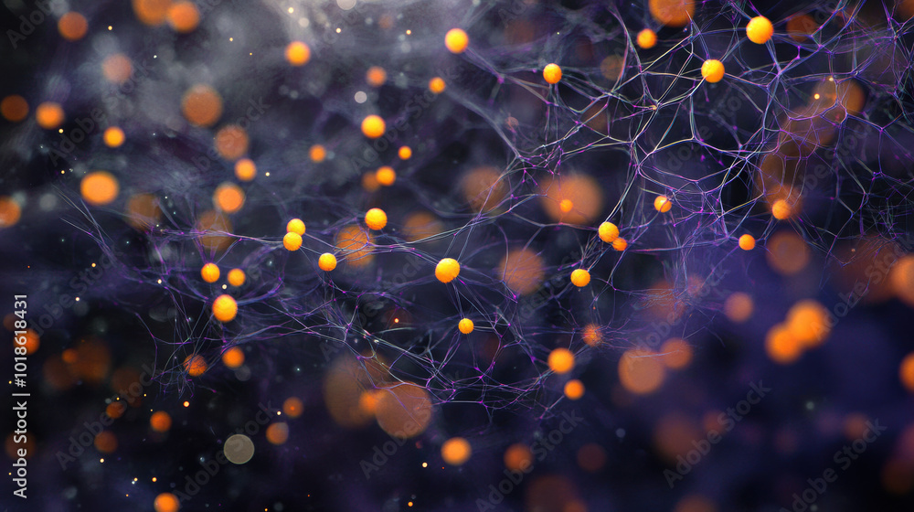 Poster magnified view of biological structure showcasing vibrant orange spheres interconnected by delicate 