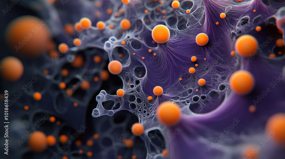 Poster magnified view of biological structure showcasing intricate patterns and vibrant orange spheres amid