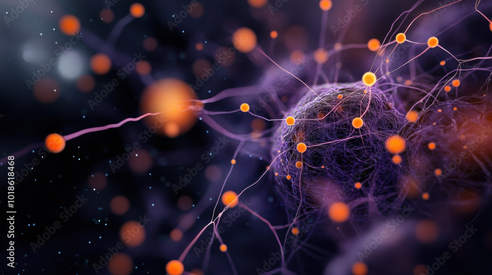 Poster magnified view of biological structure showcasing intricate connections and vibrant orange elements 