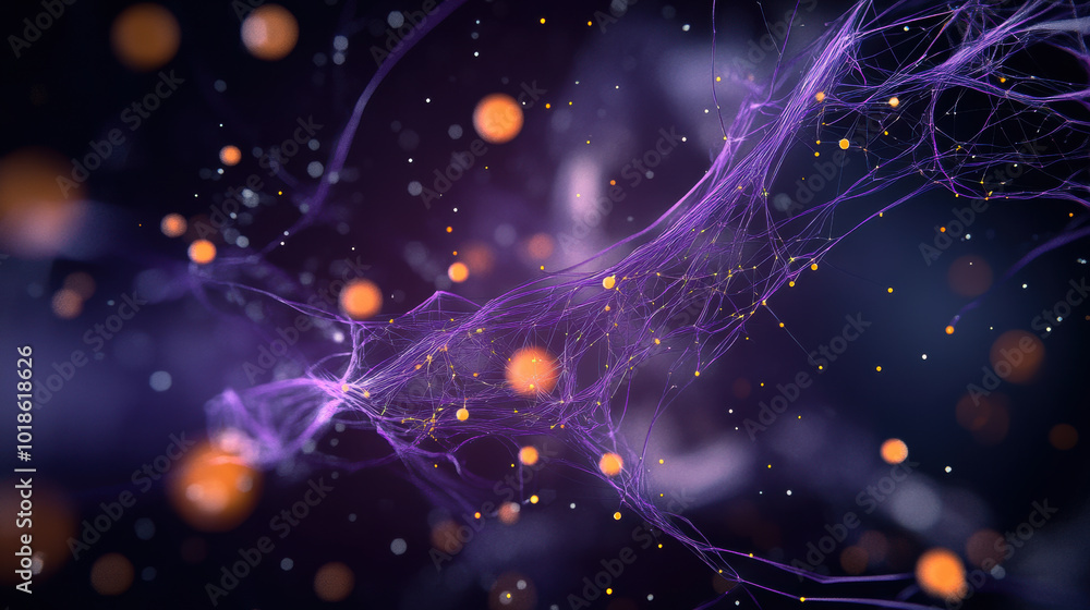 Poster mesmerizing microscopic composition of purple filaments intertwined with glowing particles, creating