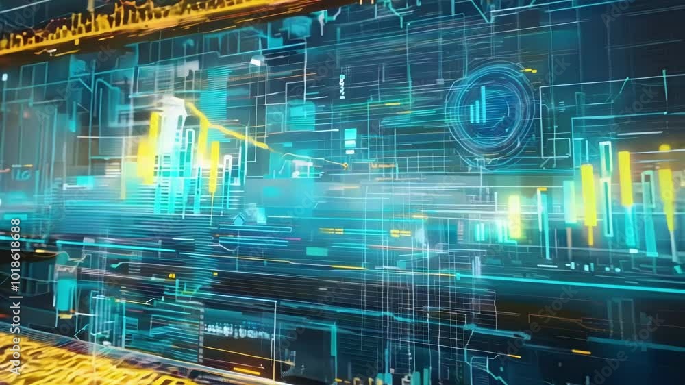 Poster futuristic display screen in a high tech factory shows real time data for efficient production, blen