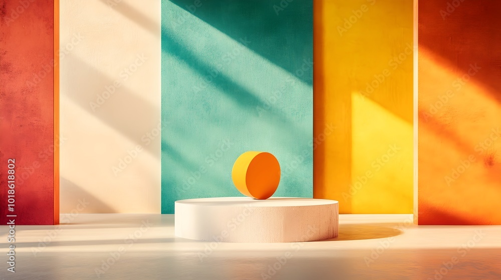 Poster sleek and modern 3d multicolored studio setting with a minimalist plinth display dynamic shadow grad