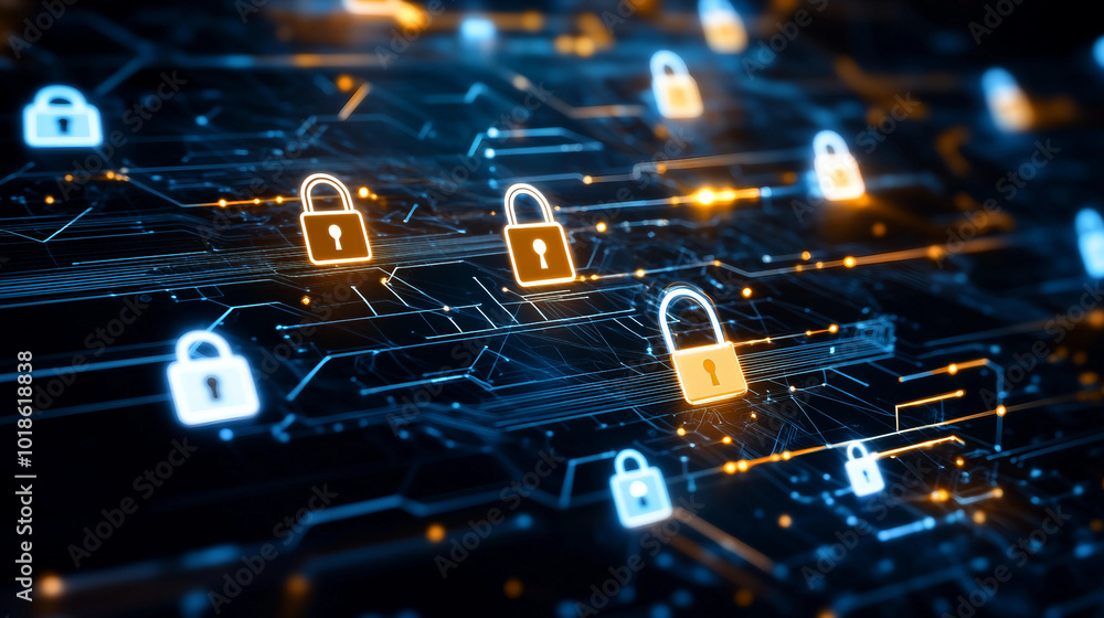 Poster a network of digital locks representing enhanced security in cyber space