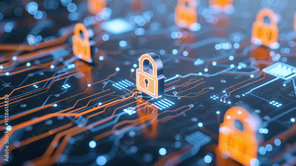 Poster a network of digital locks representing enhanced security in cyber space