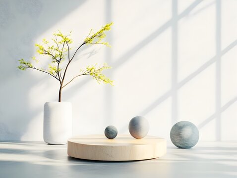 Sleek and modern 3D interior space with clean pedestal for product display directional sunlight filtering through large windows product mockup in soft focus