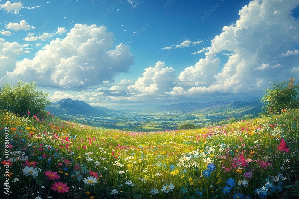 Wall mural lush green summer meadow filled with vibrant wildflowers under a bright sun depicting the joy and be