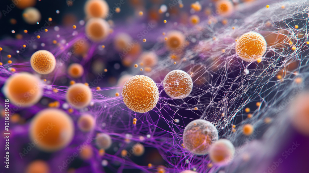 Poster microscopic structure showcasing cluster of cells interconnected by fine filaments, creating vibrant