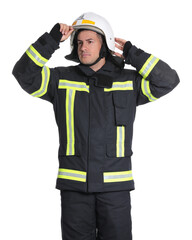 Fototapeta premium Portrait of firefighter in uniform wearing helmet on white background