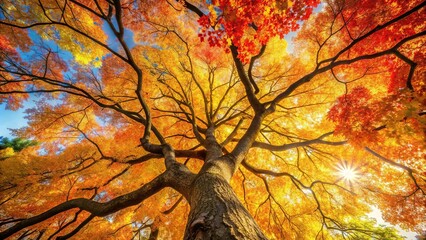 Autumn scene under yellow red foliage tree
