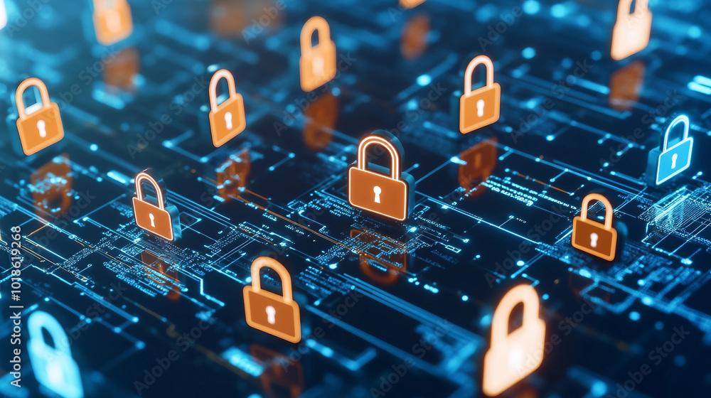 Poster a network of digital locks representing enhanced security in cyber space