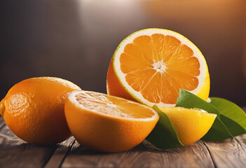 Fresh citrus fruits on a wooden surface with vibrant colors featuring whole and sliced oranges and lemons, creating a natural still life