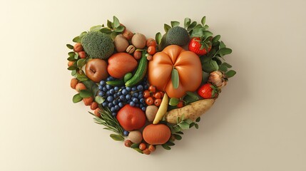 Organic fruits and vegetables forming a heart on a white background, Heart Health Through Nutrition, wellness and diet focus