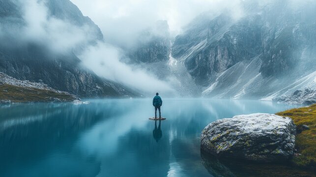 A man stands on a rock in front of a body of water. The water is calm and blue, and the sky is cloudy. The man is looking out over the water, taking in the beauty of the scene