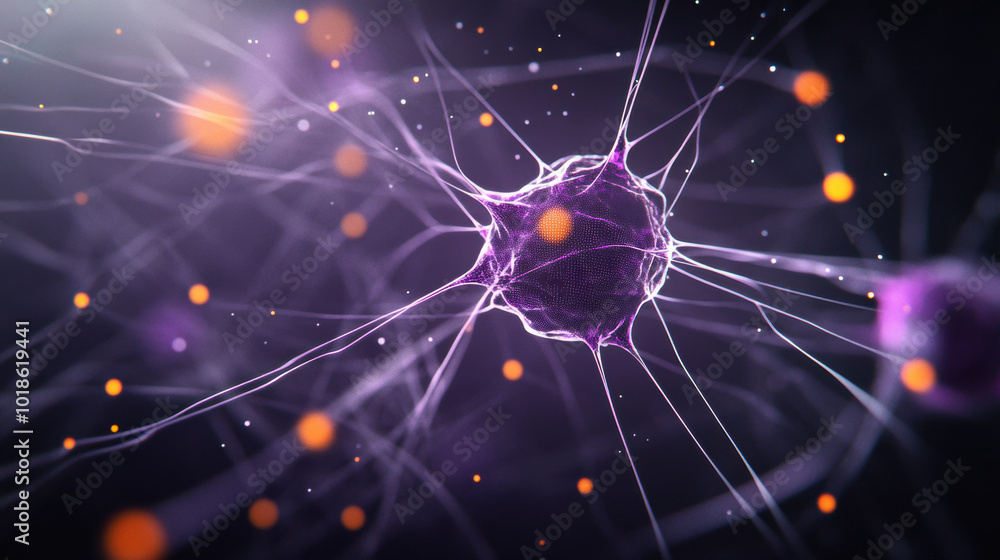 Poster detailed depiction of biological matrix showcasing neuron with intricate connections and glowing par