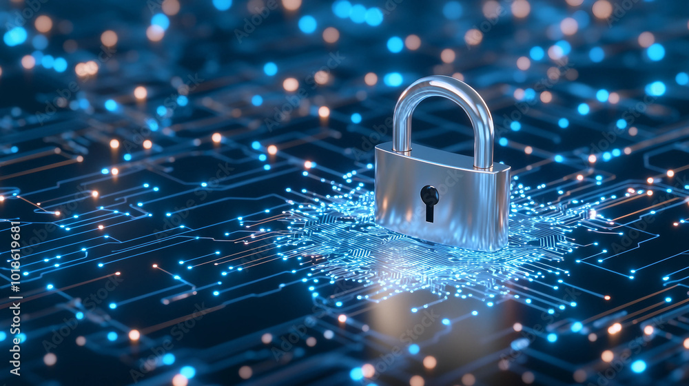 Poster a secure padlock on a digital circuit board representing data protection and cybersecurity