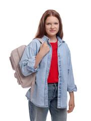 Teenage girl with backpack on white background