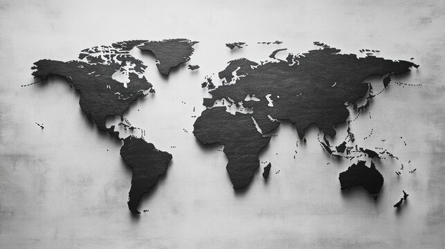 Fototapeta Black and white world map silhouette on a textured background.
