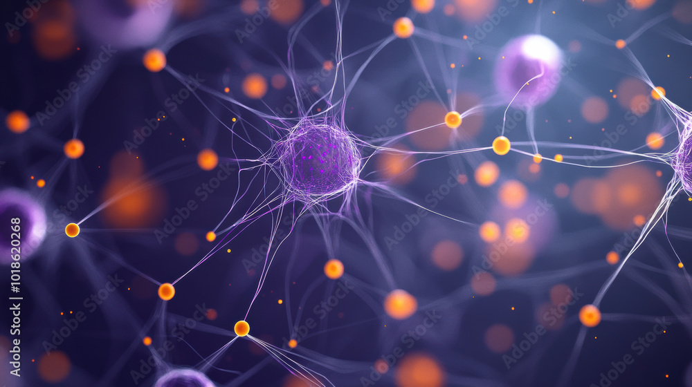 Poster microscopic image showcasing dense network of neurons and synapses, highlighting intricate connectio