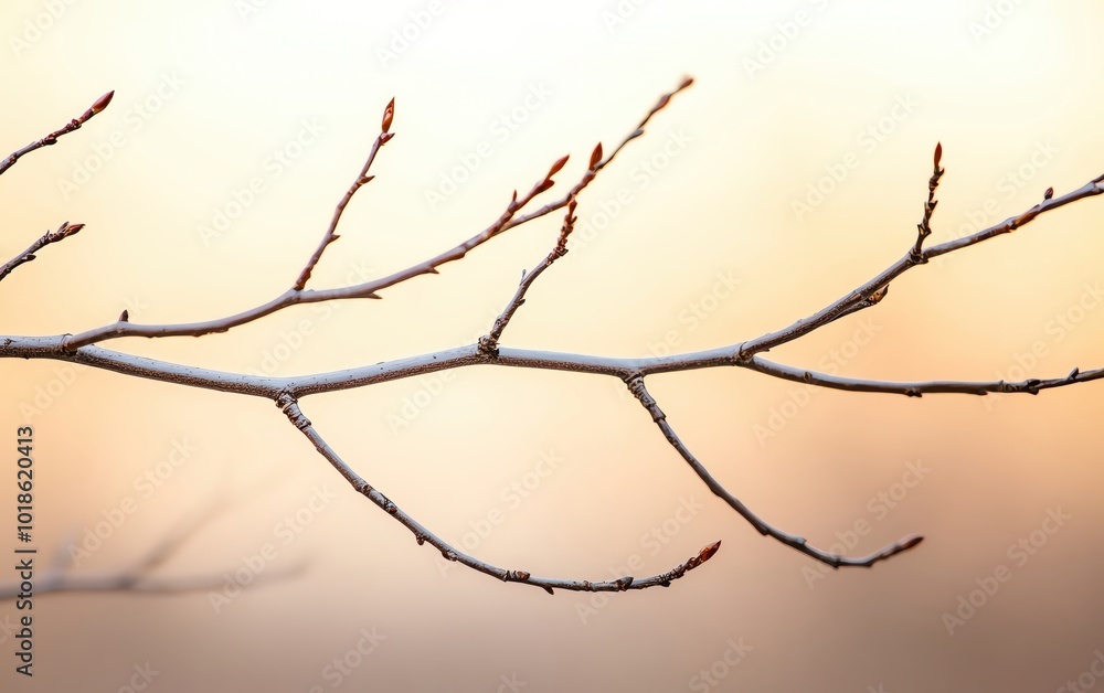 Poster close-up of a delicate branch with budding leaves against a soft gradient background.