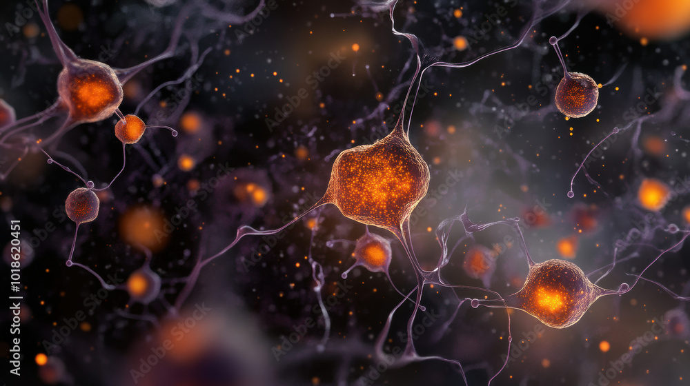 Poster enlarged depiction of biological cells showcasing intricate neuron structures with glowing orange el