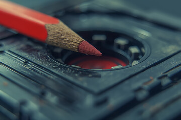 Obraz premium Red Pencil on Vintage Audio Cassette Tape CloseUp Macro