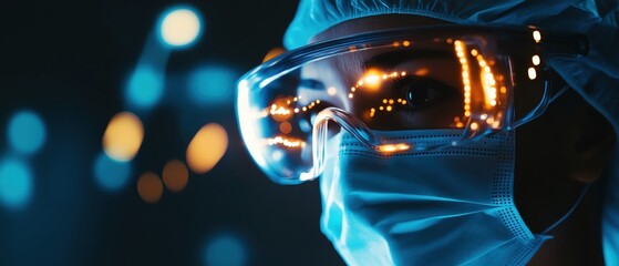 Close-up of a healthcare professional wearing protective gear and glasses.