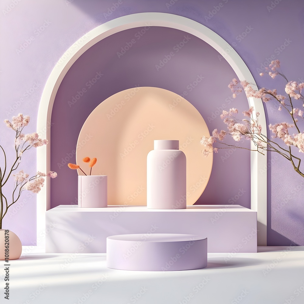 Poster elegant minimalist 3d product display in a sleek white studio setting with a striking purple accent 