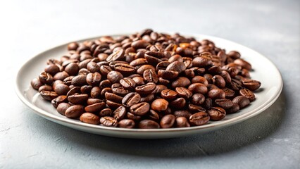 Fototapeta premium Background of coffee beans in a plate on a white table, low angle view