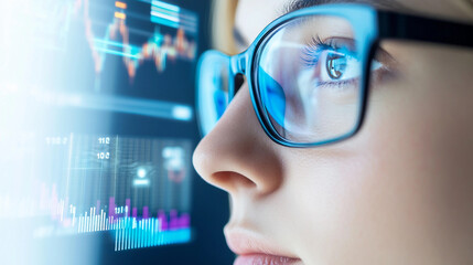 A Focused Woman Analyzing Data Through Smart Glasses