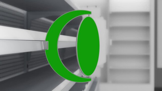 Rotating round green shelf stopper mockup on blurred supermarket background. 3d animation loop